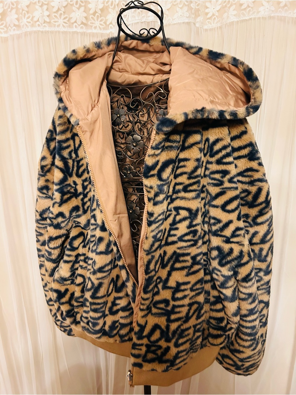Faux Fur Hooded Jacket in Beige and Black- Women's Coat